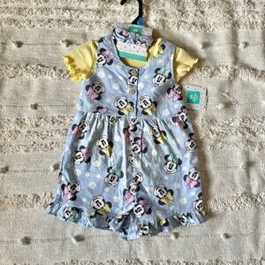 NWT Minnie Mouse Baby Girl Shortall and Tee Outfit Set with Headband 24 months